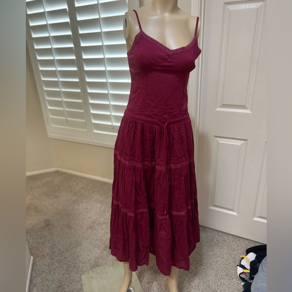 Burgundy Tiered Milkmaid Maxi Sundress Sun Dress Summer dress boho beach small‎
